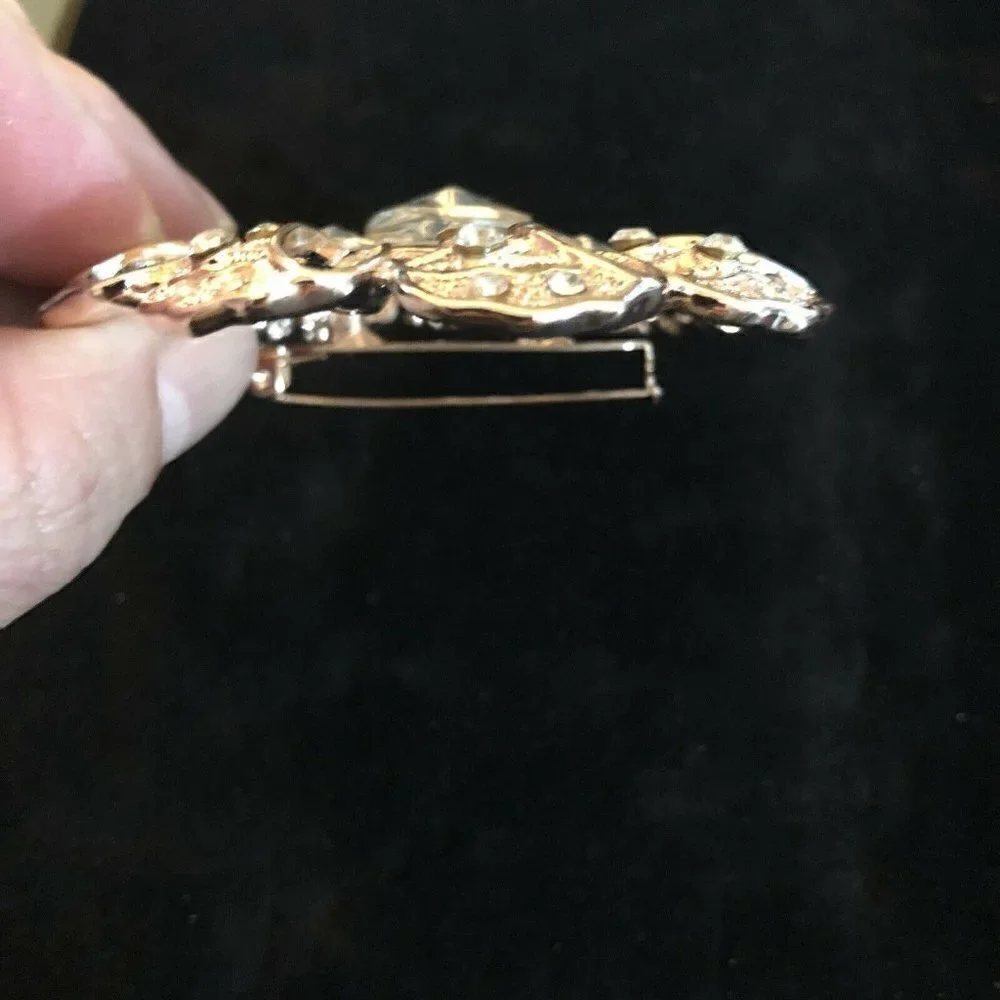 Vintage Style Brooch Antiqued Gold Tone Big Round Crystals